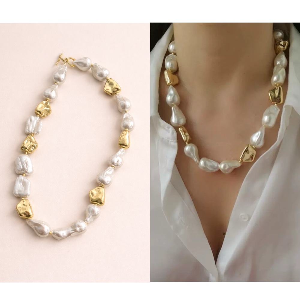 Natural Baroque Pearl Necklace Chunky Gold Statement Necklace